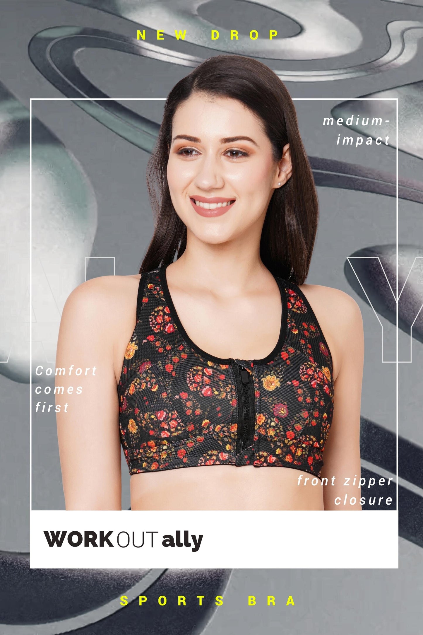Organic Cotton Antimicrobial Medium Impact Printed Sports Bra_ISB116-Black-