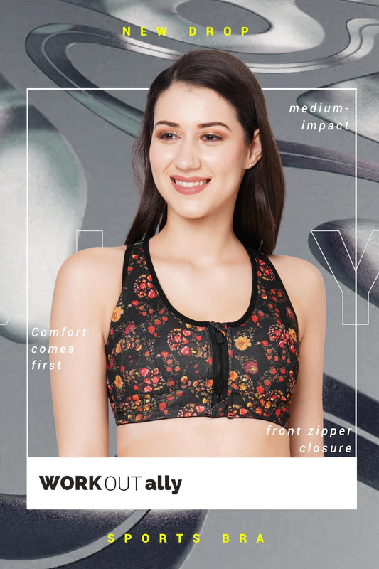 Organic Cotton Antimicrobial Medium Impact Printed Sports Bra_ISB116-Black-