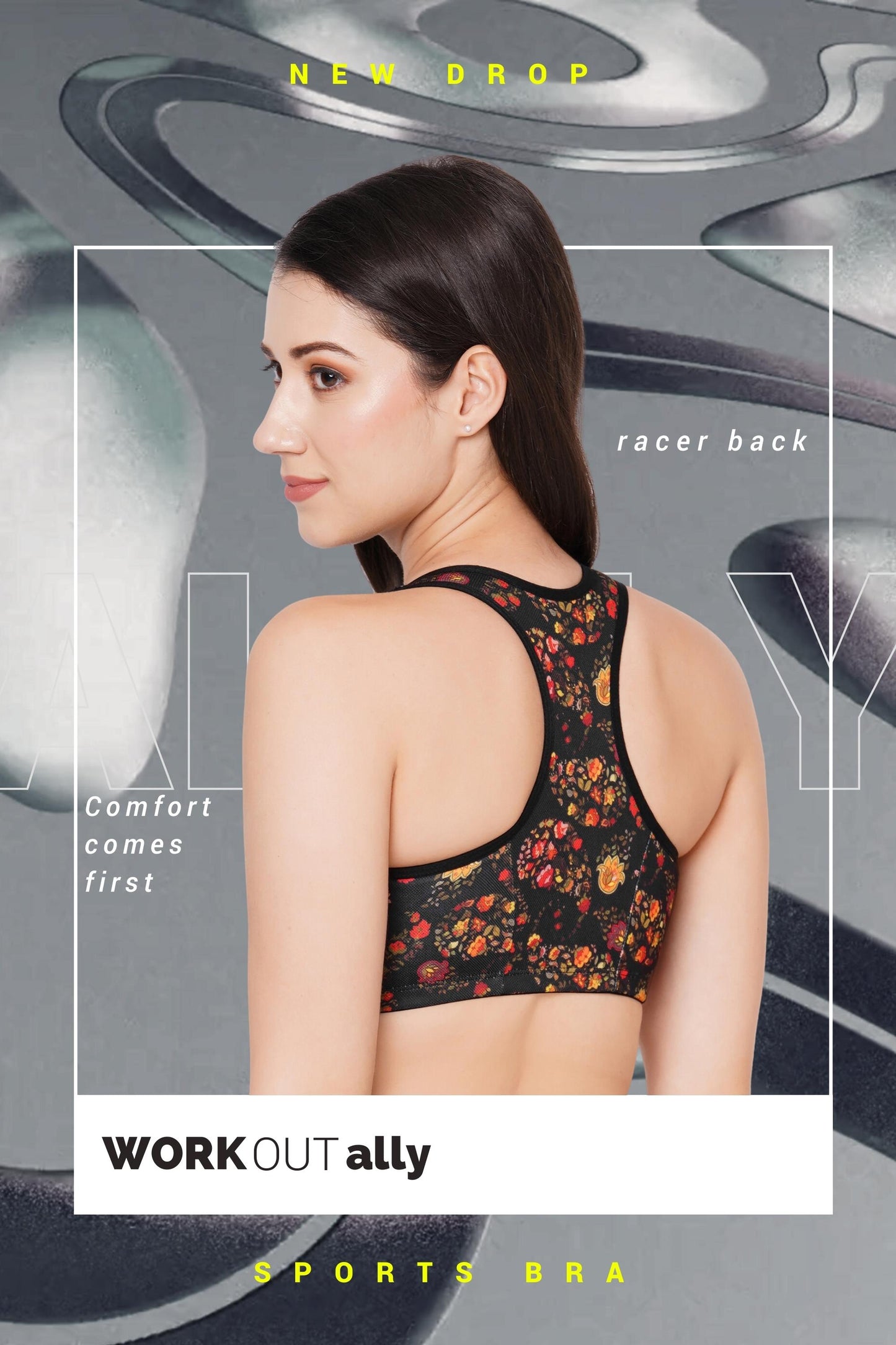 Organic Cotton Antimicrobial Medium Impact Printed Sports Bra_ISB116-Black-