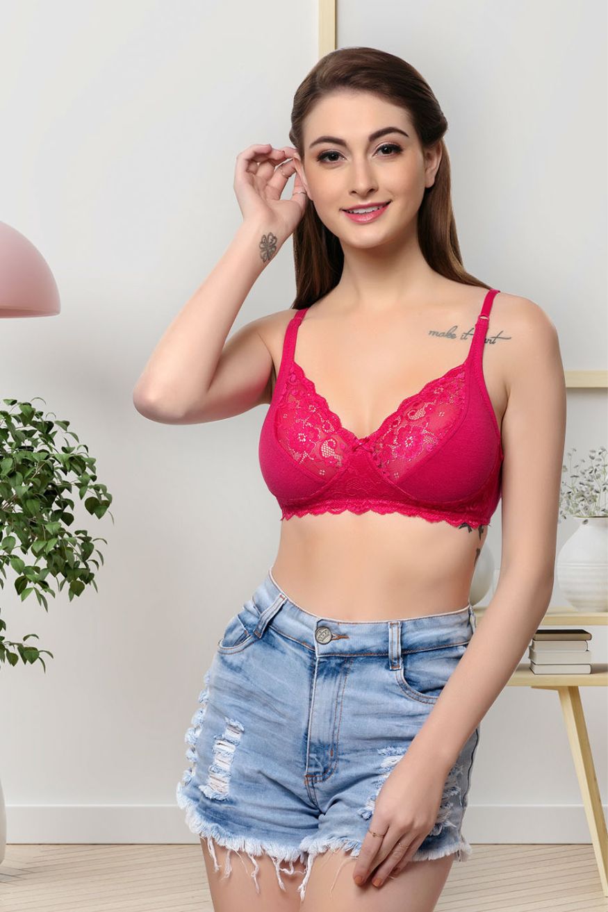 Organic Cotton Antimicrobial Laced non-Padded Bra-ISB019-Fuschia-