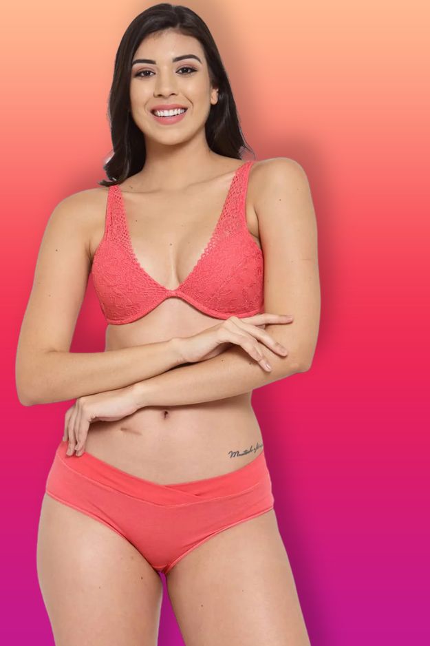 Organic Cotton Antimicrobial Underwired Plunge Bra &  Panty-ISBP107_IMP102-Bright Pink