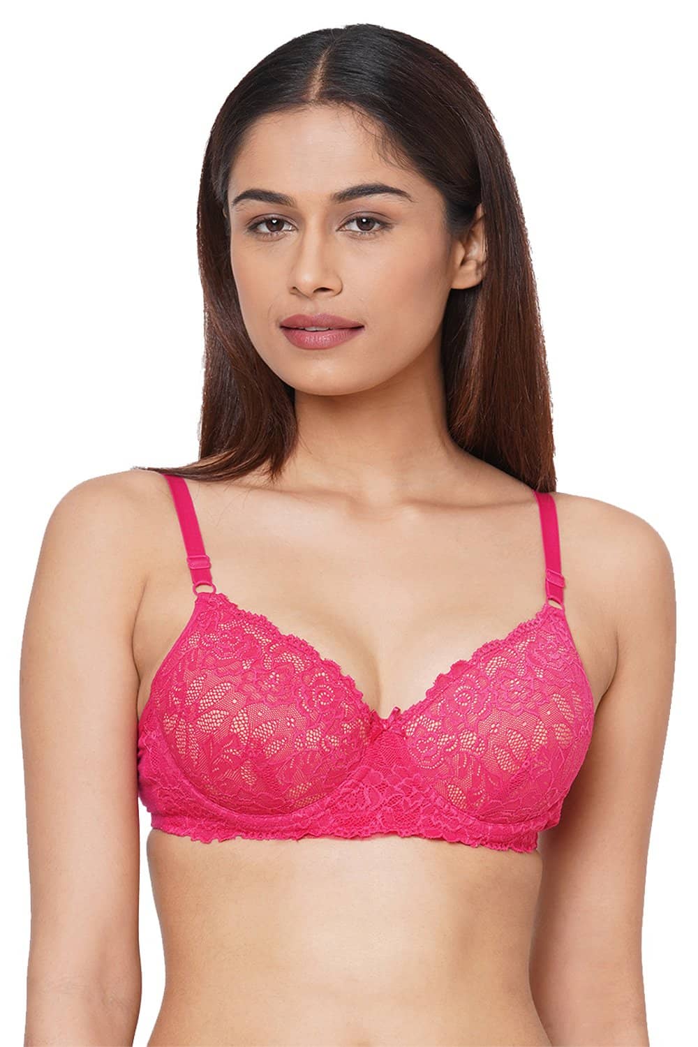 Organic Cotton  Padded Underwired Lace Bra-ISB047-Fuschia-