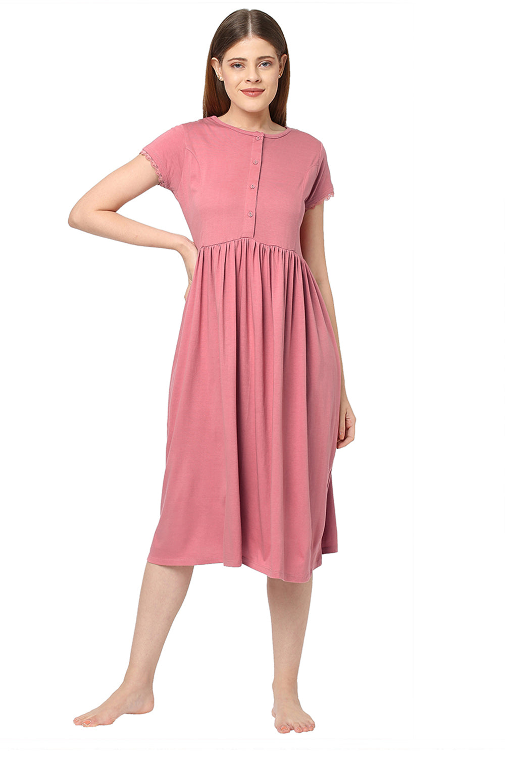 Organic Cotton Calf-length Nighty-ISL013-Desert rose