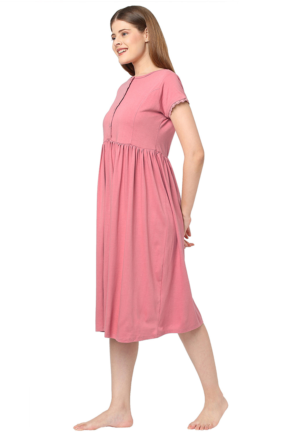 Organic Cotton Calf-length Nighty-ISL013-Desert rose