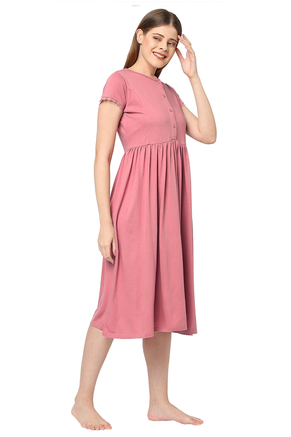 Organic Cotton Calf-length Nighty-ISL013-Desert rose