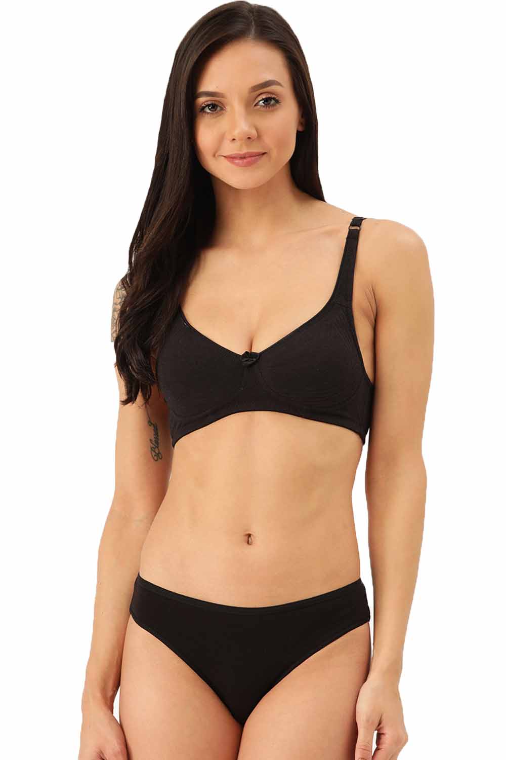 Organic Cotton Antimicrobial Seamless Side Support Bra & Panty Set-ISBP057-Bikini-Black-