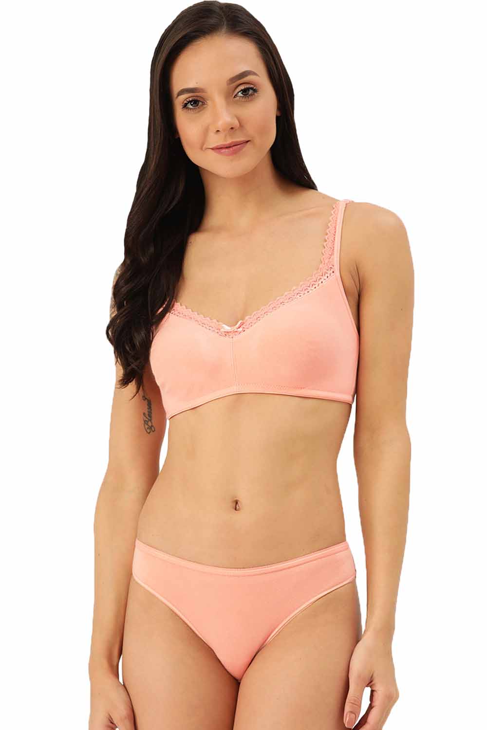 ISBP017-Peachy Pink-Buy Online Inner Sense Organic Cotton Soft Laced Bra & Panty  Set
