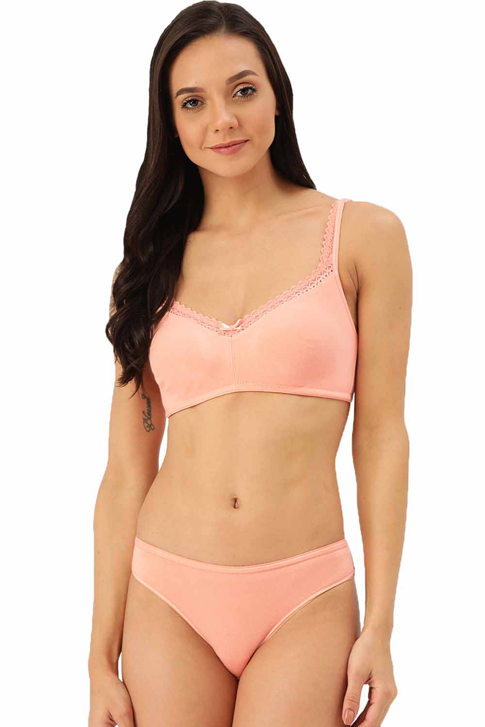 Organic Cotton Antimicrobial Soft Laced Bra & Panty Set-ISBP017-Peachy Pink-