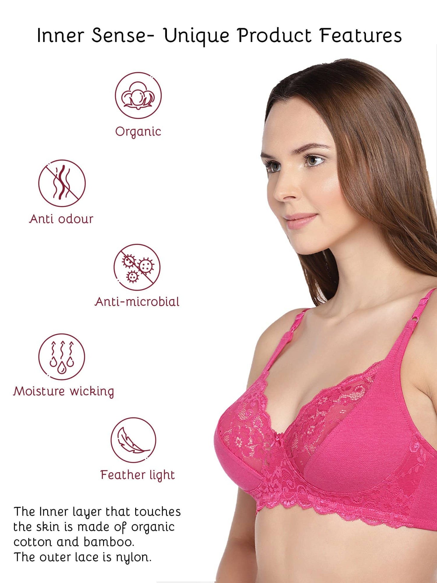 Organic Cotton Antimicrobial Laced non-Padded Bra-ISB019-Fuschia-