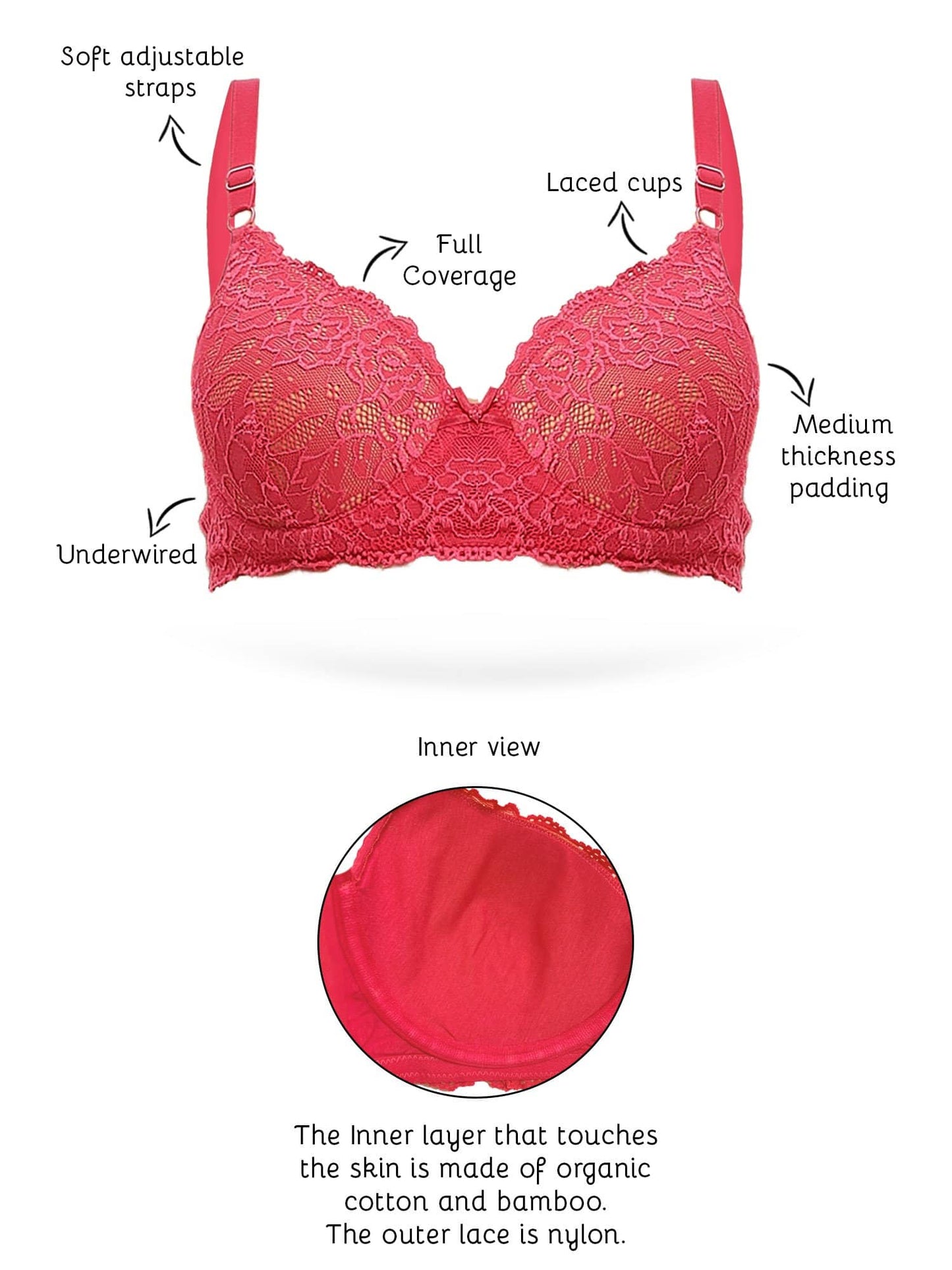 Organic Cotton  Padded Underwired Lace Bra-ISB047-Fuschia-
