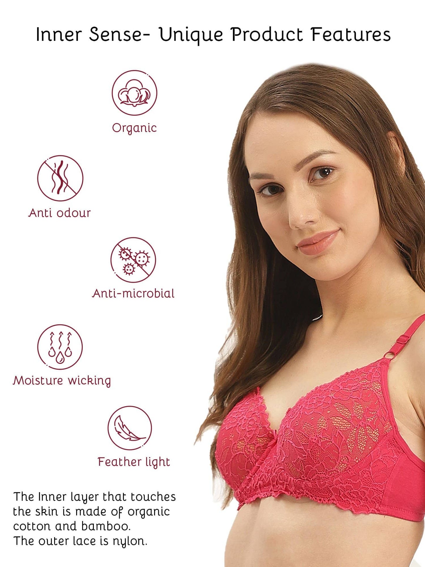 Organic Cotton  Padded Underwired Lace Bra-ISB047-Fuschia-