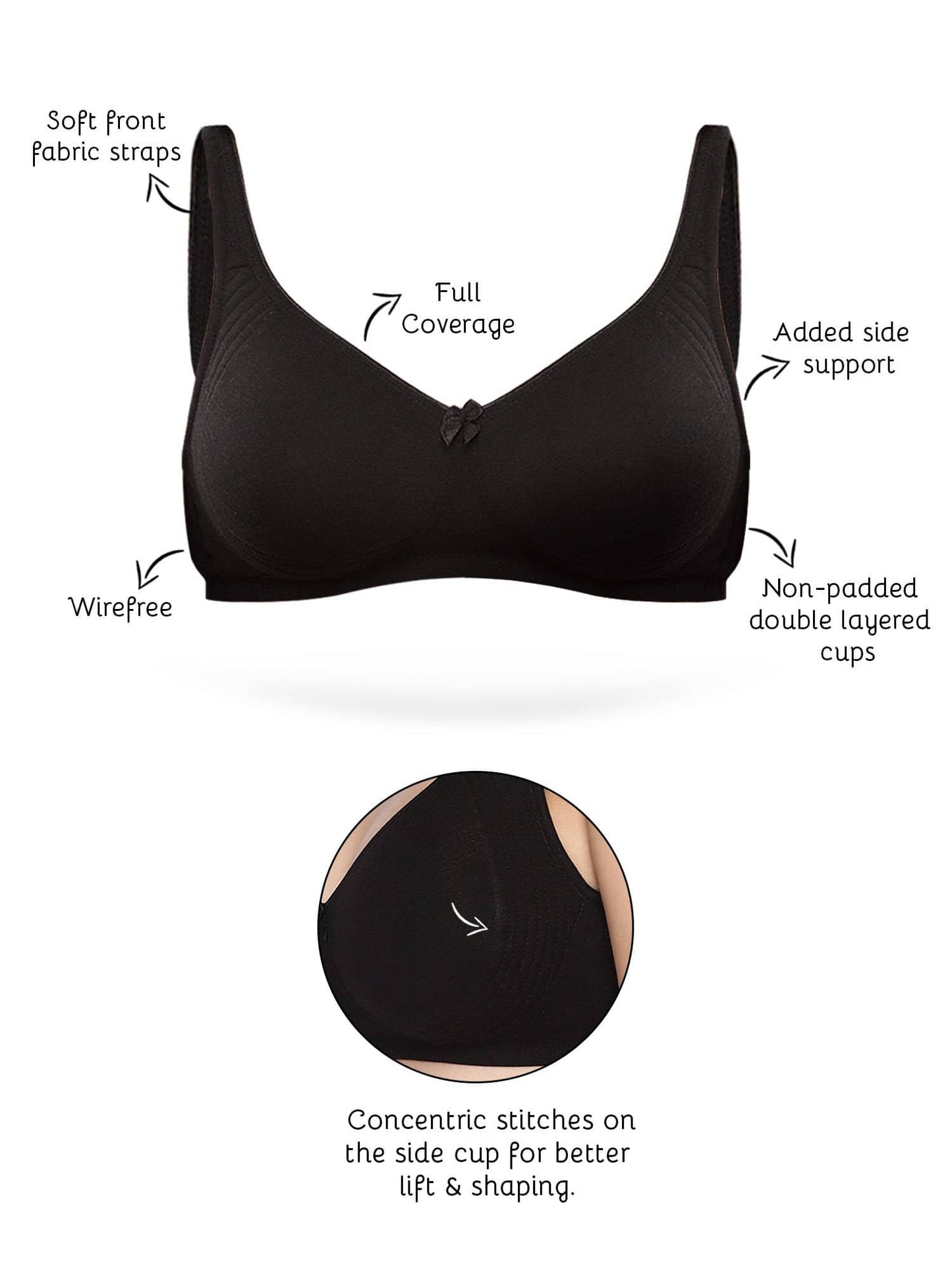 Organic Cotton Antimicrobial Seamless Side Support Bra-ISB057-Black-
