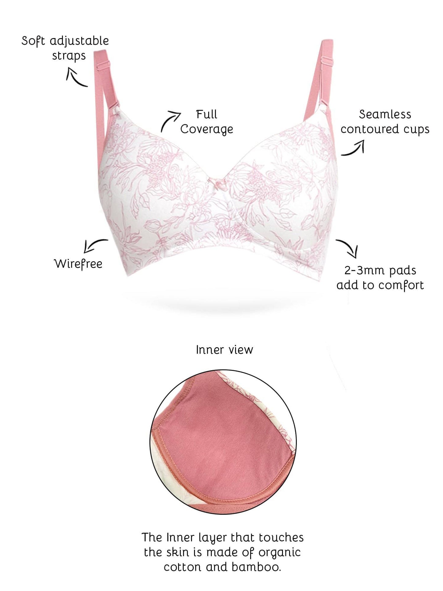 Organic Cotton Antimicrobial Wire-Free Padded Bra-ISB068-Coral Pink-