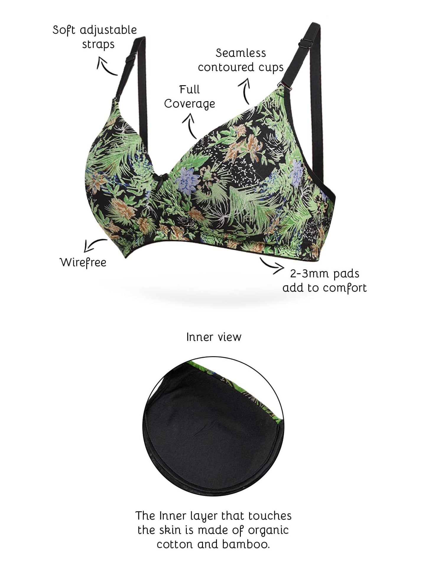 Organic Cotton Antimicrobial Wire-Free Padded Bra-ISB068-Jungle Print-