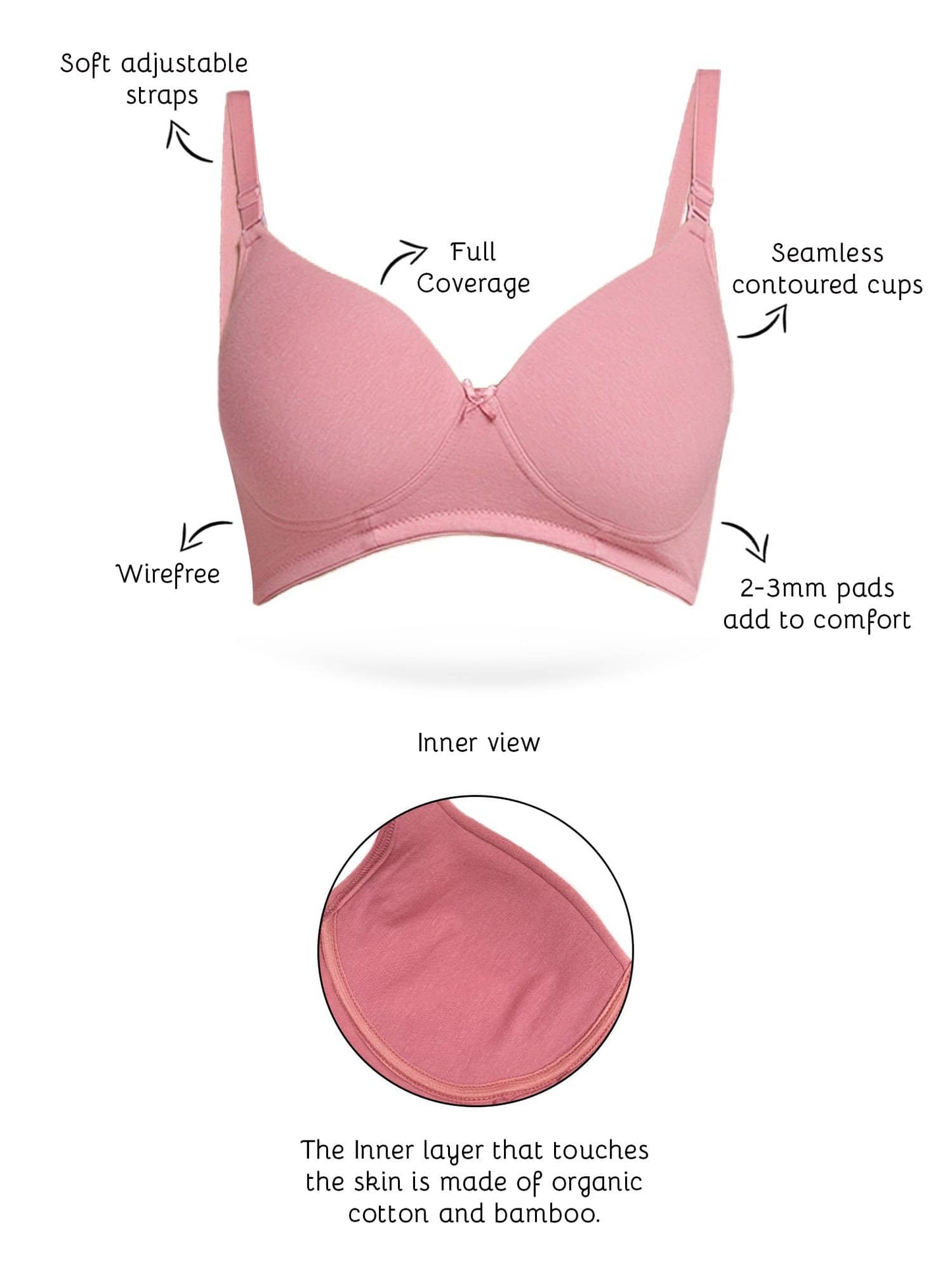 Organic Cotton Antimicrobial Wire-Free Padded Bra-ISB068-Mauve-