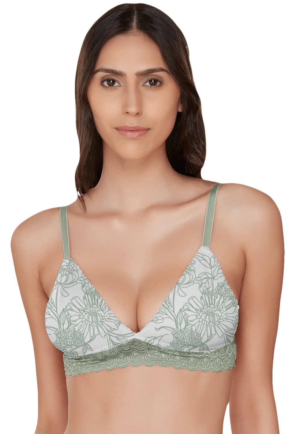 Organic Cotton Antimicrobial Non-wired Triangular Lace Band Bralette-ISB095-Green Print-
