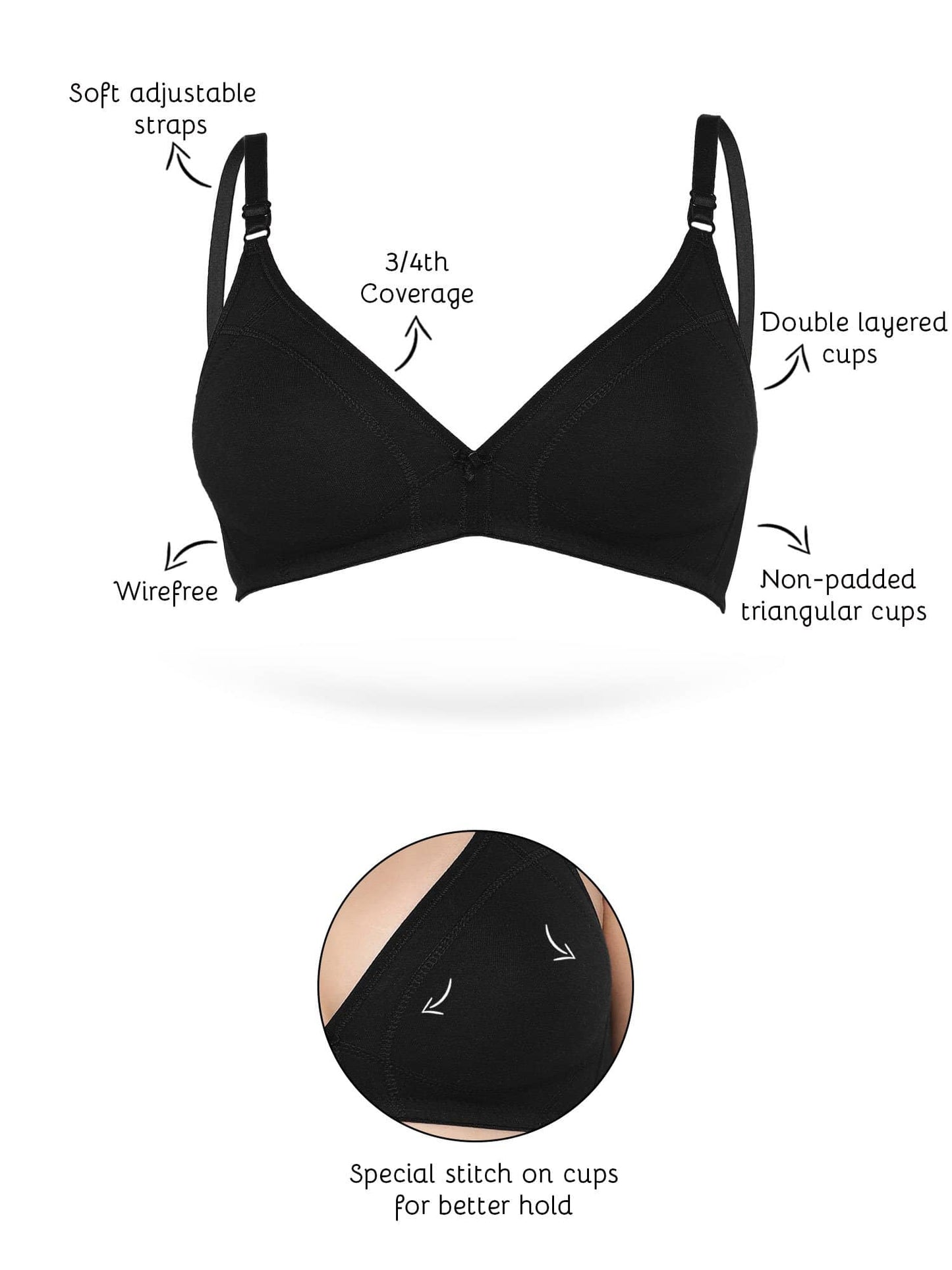 Organic Cotton Antimicrobial Seamless Triangular Bra with Supportive Stitch-ISB099-Black-