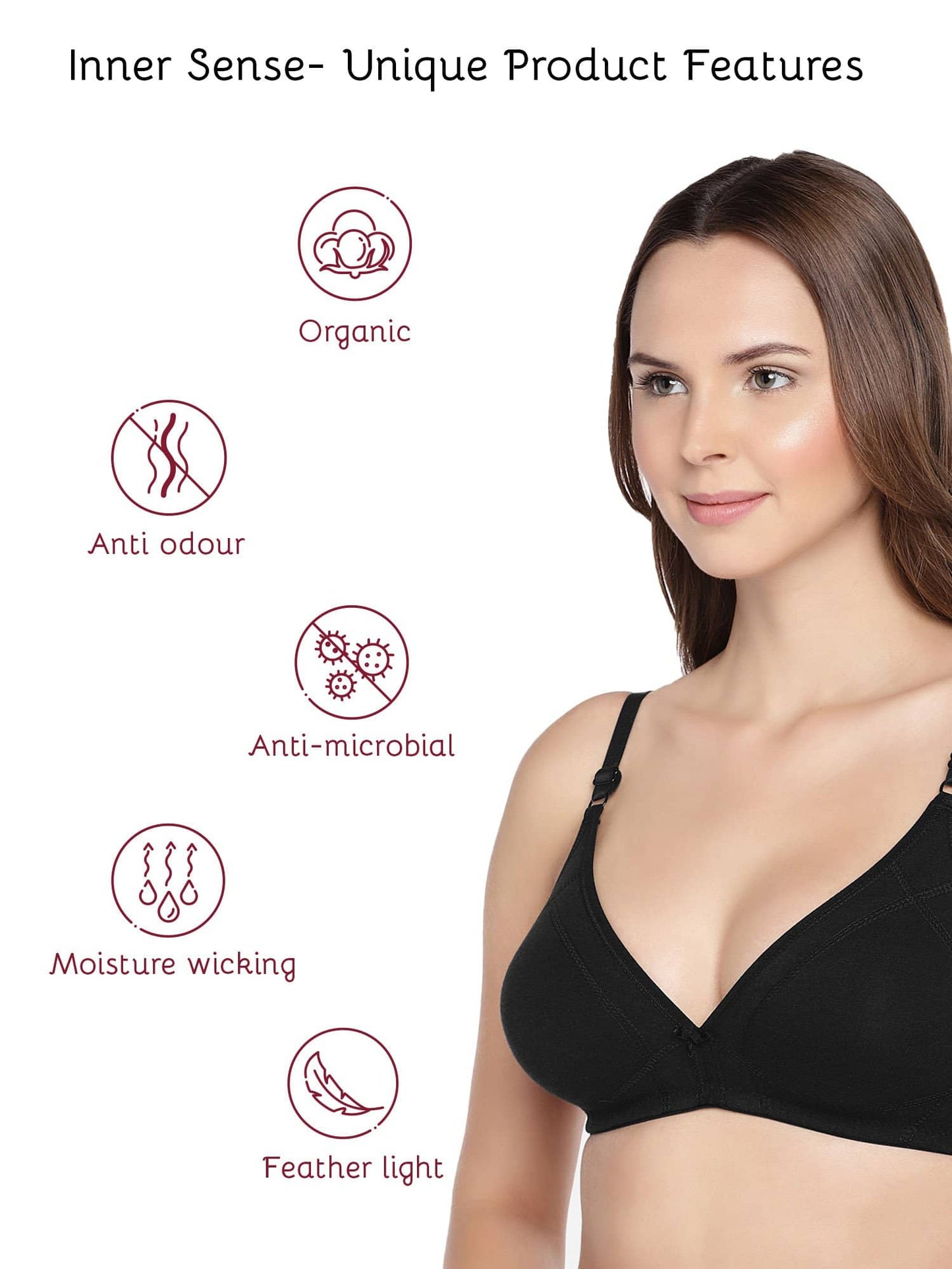 Organic Cotton Antimicrobial Seamless Triangular Bra with Supportive Stitch-ISB099-Black-