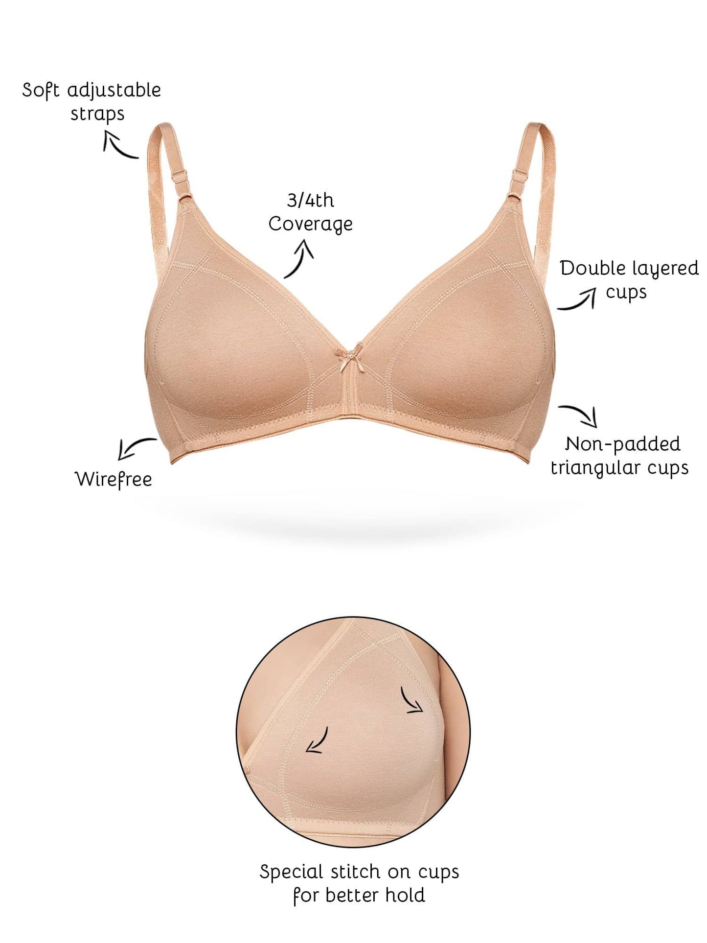 Organic Cotton Antimicrobial Seamless Triangular Bra with Supportive Stitch-ISB099-Skin-
