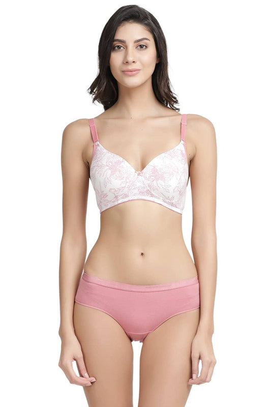 Organic Cotton Antimicrobial Wire-Free Padded Bra & Panty Set-ISBP068-Coral Pink-