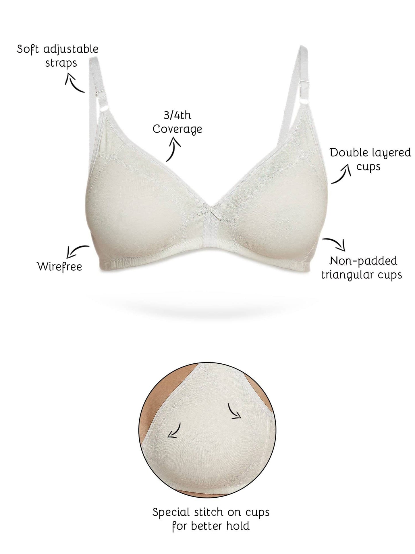 Organic Cotton Antimicrobial Seamless Triangular Bra with Supportive Stitch-ISB099-Milky White-