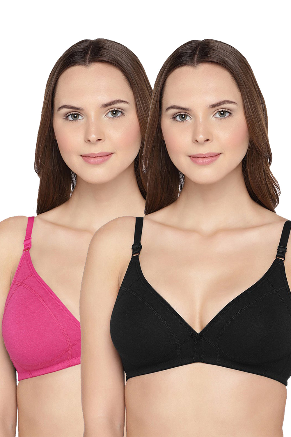 Organic Cotton Antimicrobial Seamless Triangular Bra with Supportive Stitch  (Pack of 2)-ISB099-Black_Fuschia