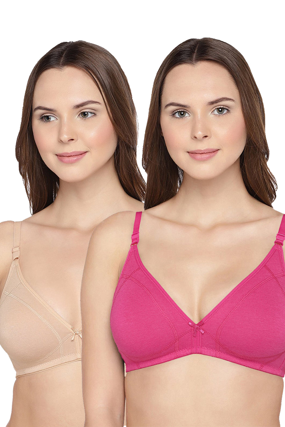 Organic Cotton Antimicrobial Seamless Triangular Bra with Supportive Stitch (Pack of 2)-ISB099-Fuschia_Skin-