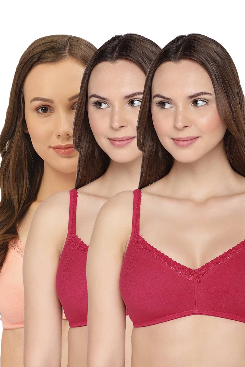 Organic Cotton Antimicrobial Soft Laced Bra (Pack of  3)-ISB017-Peach_Maroon_Maroon