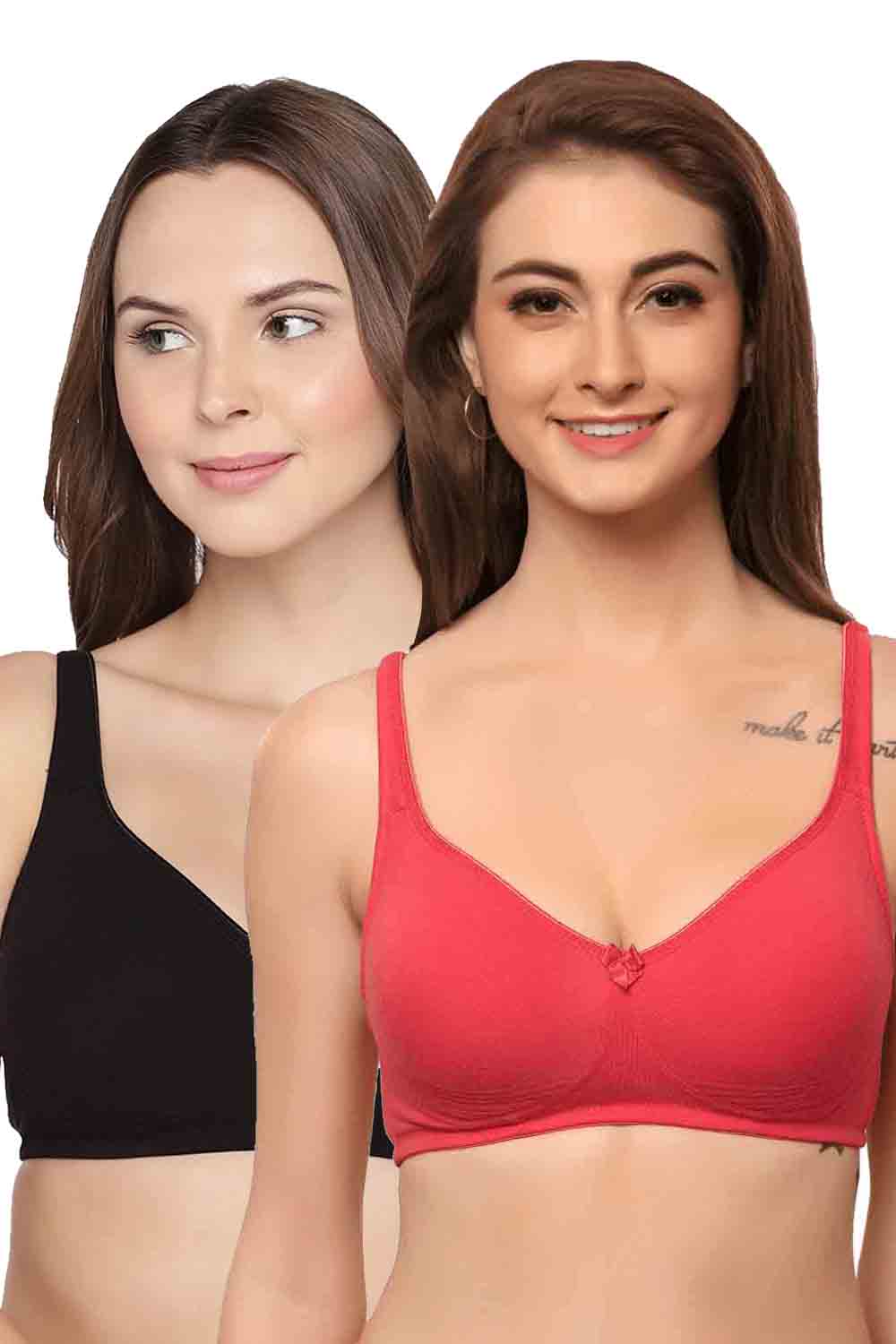 Organic Cotton  Antimicrobial  Seamless Side Support Bra (Pack of 2)-ISB057-Black_Bright Pink-
