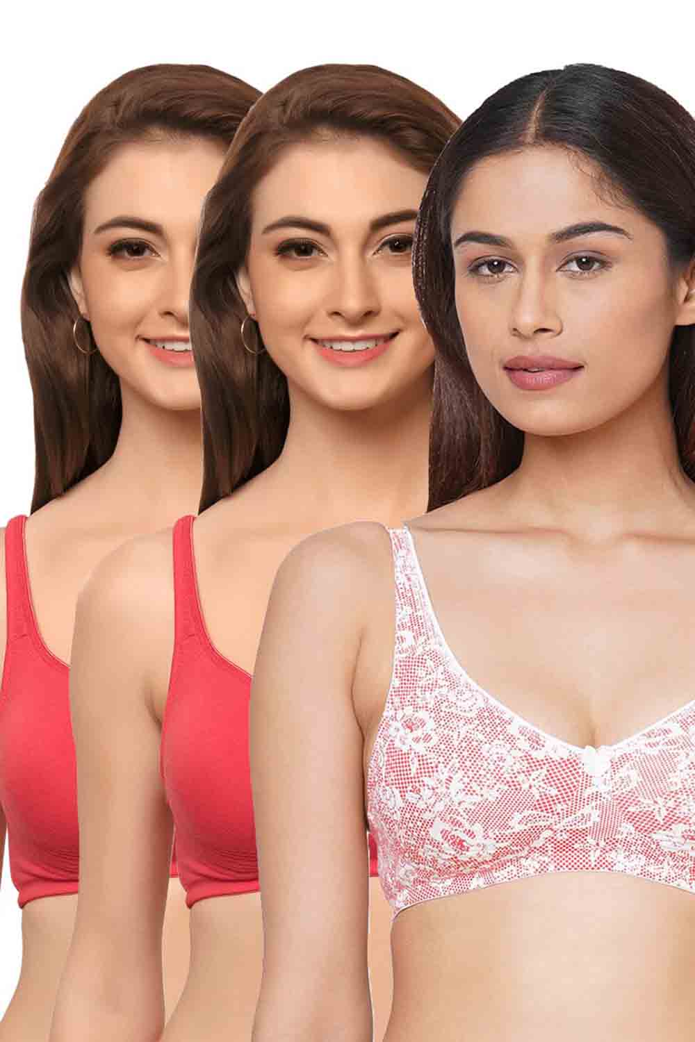 Organic Cotton  Antimicrobial  Seamless Side Support Bra (Pack of 3)-ISB057-B.Pink_B.Pink_Pink Lace Print-