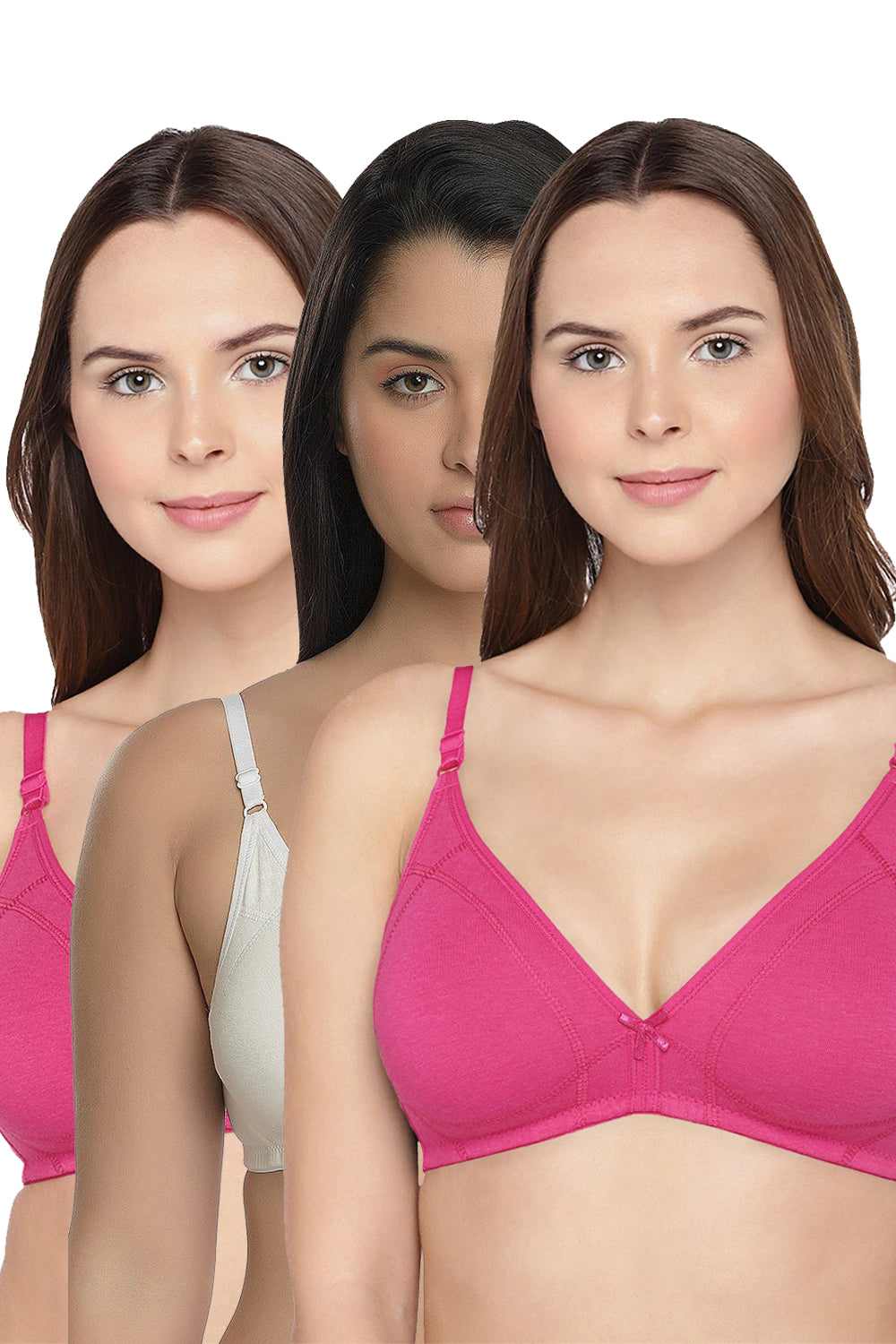 Organic Cotton Antimicrobial Seamless Triangular Bra with Supportive Stitch (Pack of 3)-ISB099-_Fuschia_Fuschia_M.White-