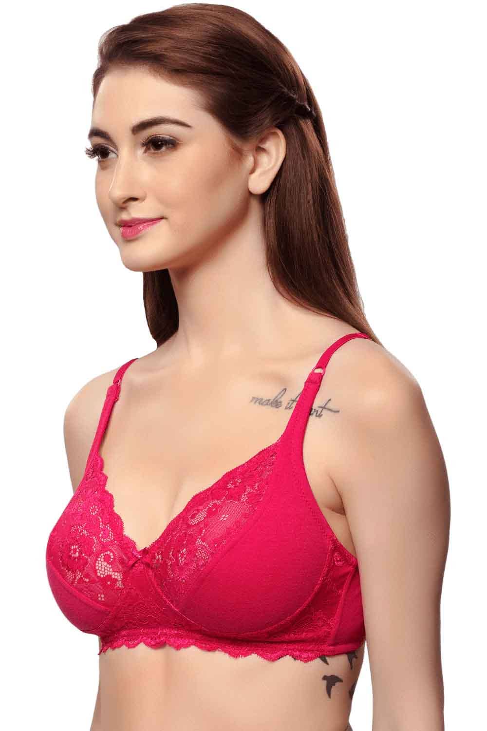 Organic Cotton Antimicrobial Laced non-Padded Bra-ISB019-Fuschia-