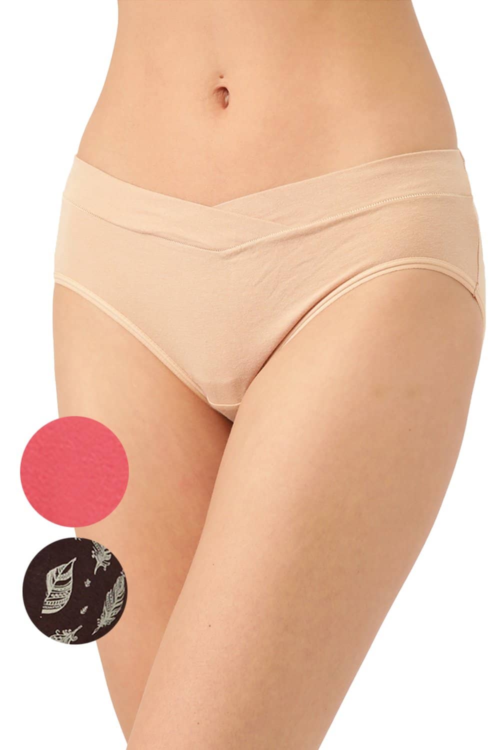 Organic Cotton Antimicrobial Maternity Panty (Pack Of 3)-IMP102-Skin_Bright Pink_Feather Print-