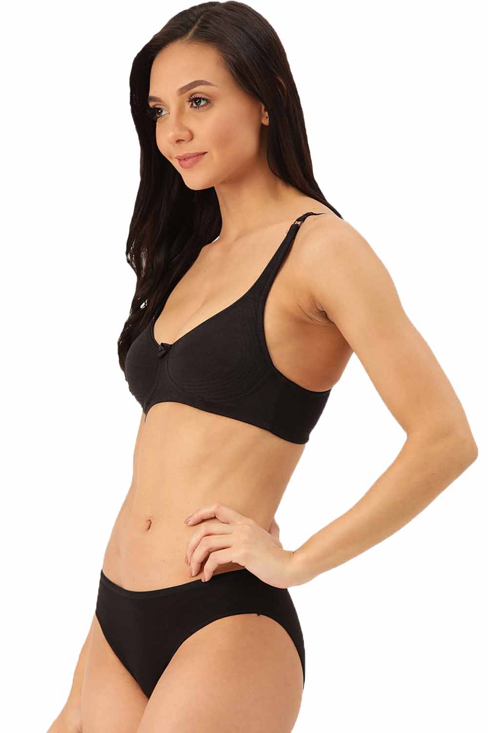 Organic Cotton Antimicrobial Seamless Side Support Bra & Panty Set-ISBP057-Bikini-Black-