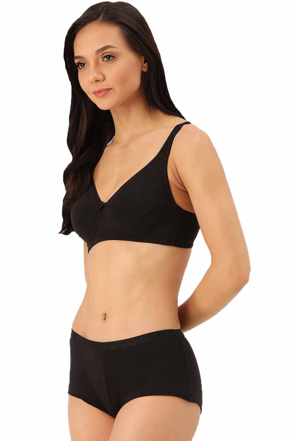Organic Cotton  Antimicrobial  Seamless Side Support Bra & Panty Set-ISBP057-Boyshorts-Black-