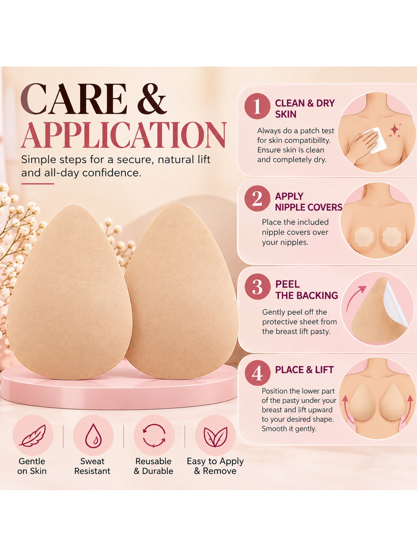 Inner Sense Pack of 2 Nude Pre-Cut Triangle Breast Lift Pasties with Nipple Pasties-BNP001