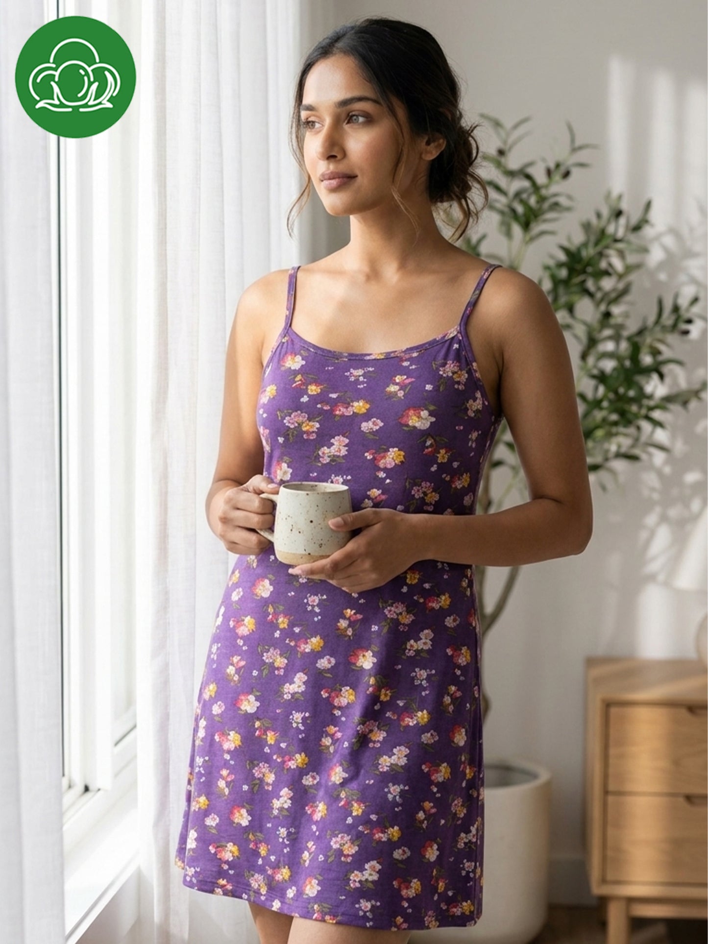 Inner Sense Bamboo Organic Cotton Nightdress-ISL066-Purple Leaf Bunch