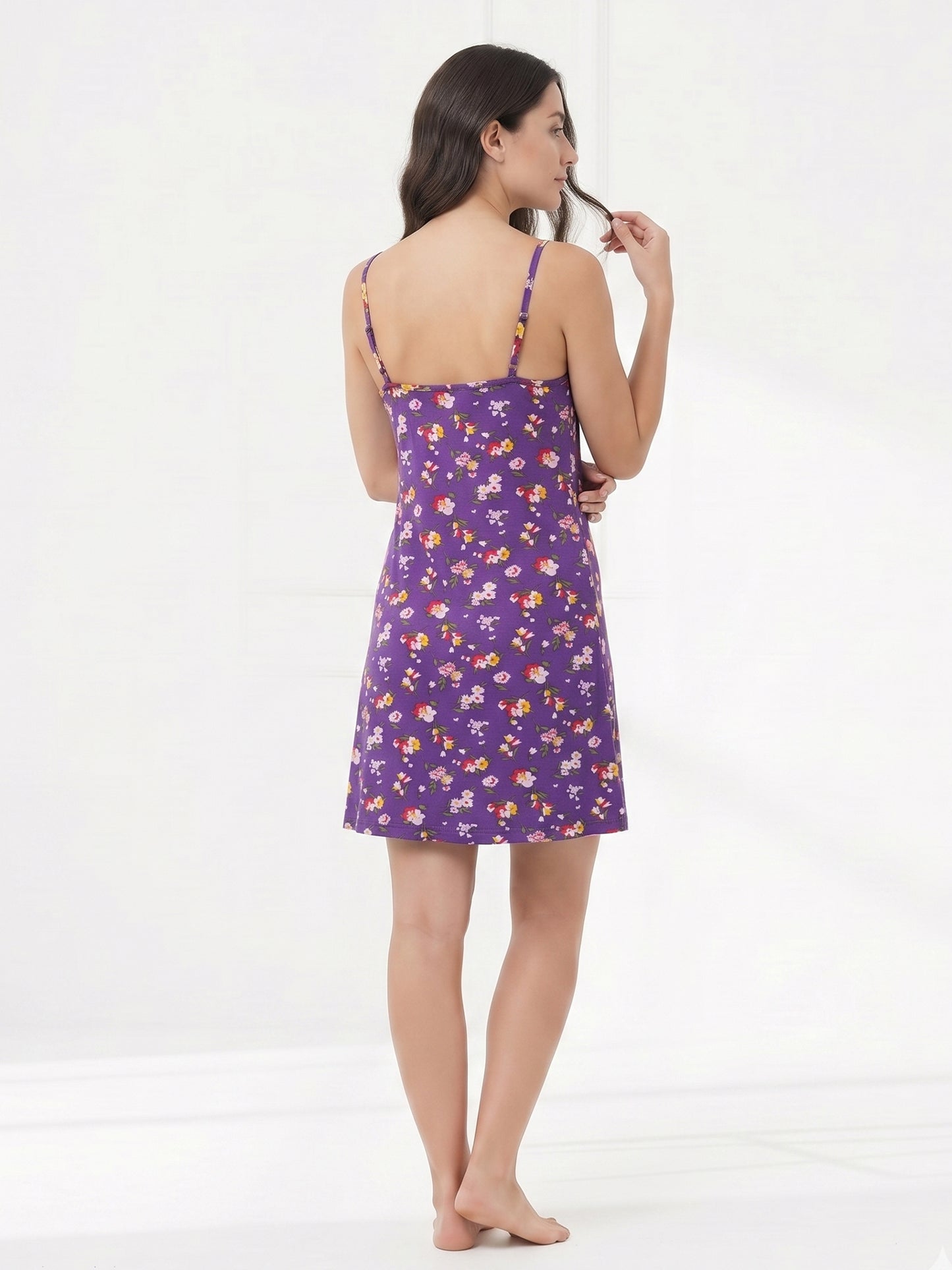 Inner Sense Bamboo Organic Cotton Nightdress-ISL066-Purple Leaf Bunch