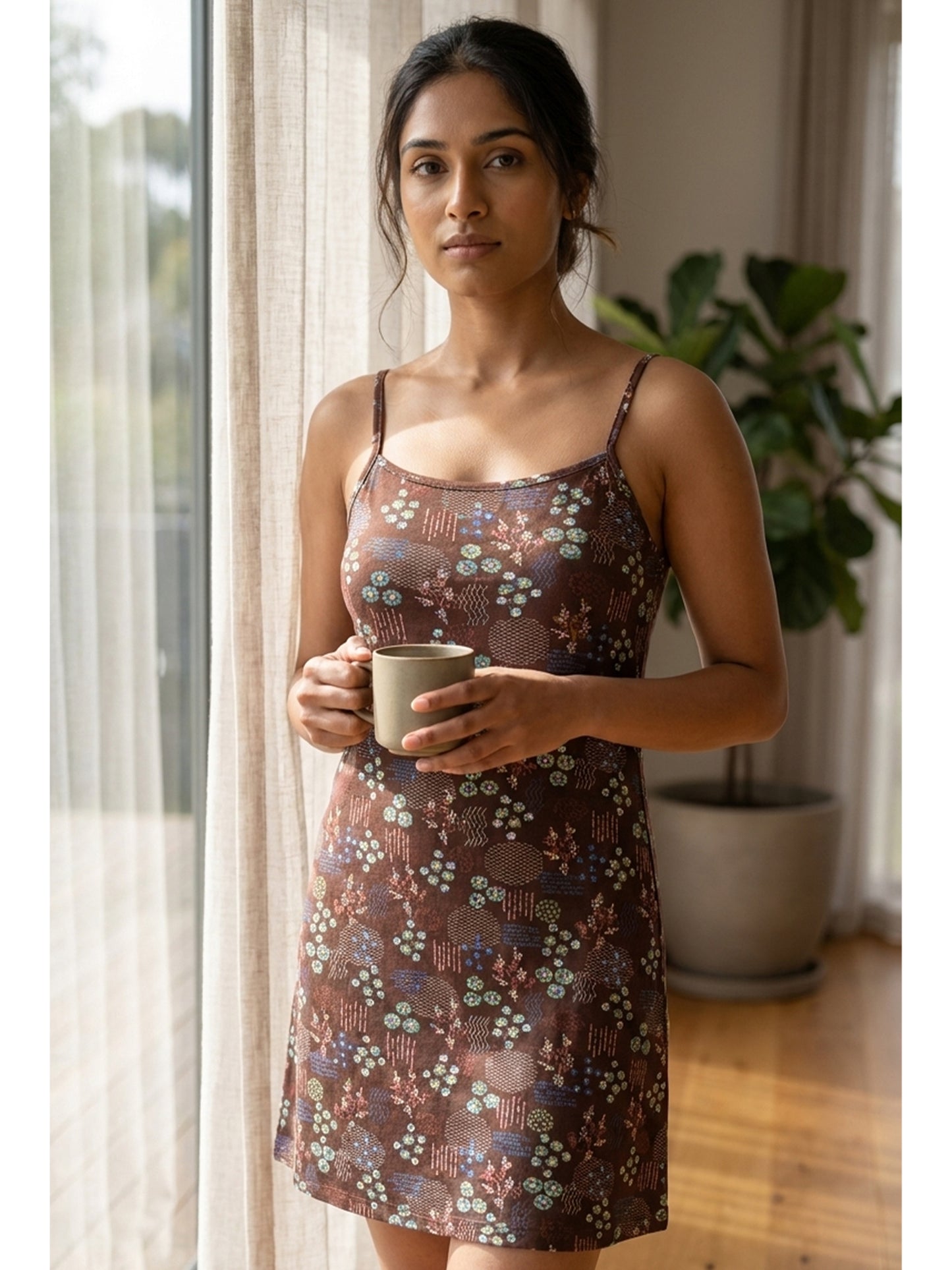 Inner Sense Bamboo Organic Cotton Nightdress-ISL067-Brown Print