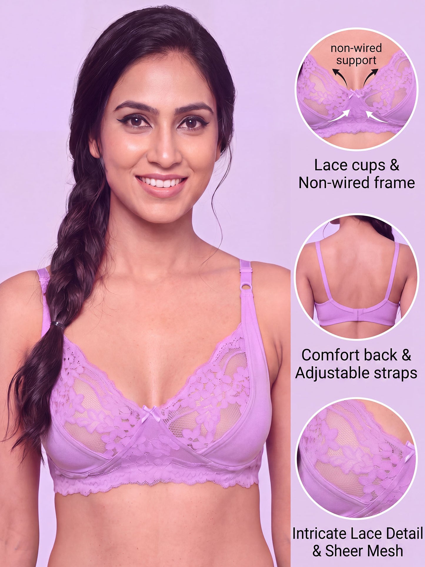Inner Sense Bamboo Organic Cotton Laced non-Padded Bra- ISB019-Violet Tulle