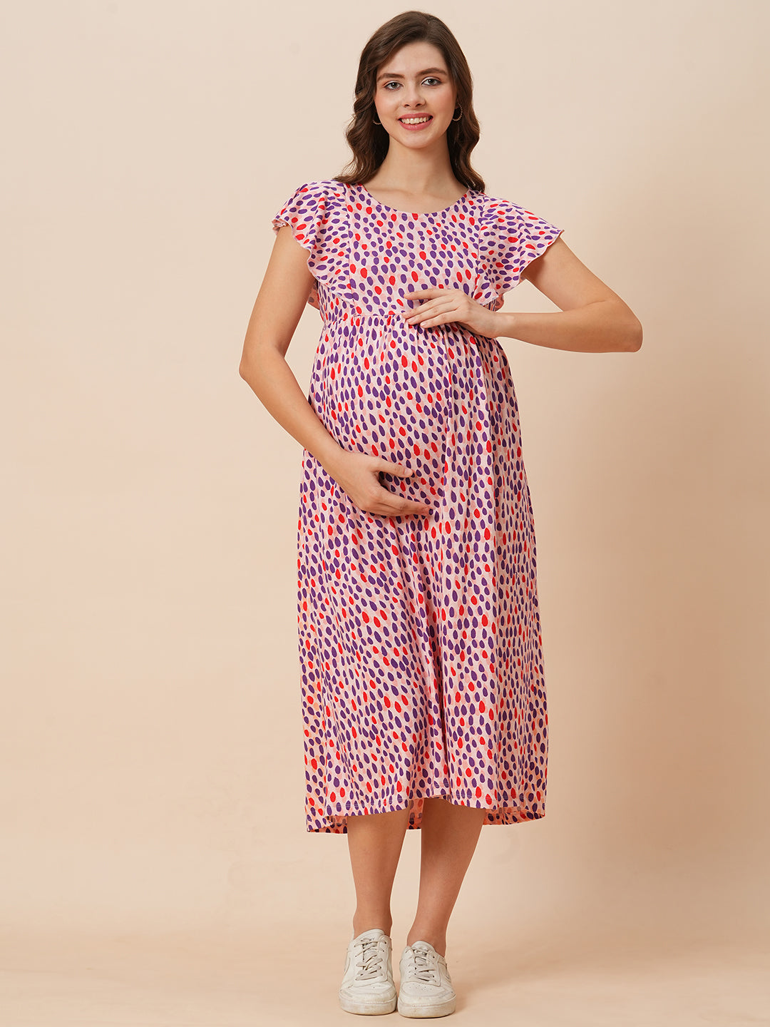 Organic Cotton Long Length Maternity Dress with Flutter sleeves ISML024-Pink Flowerburst-