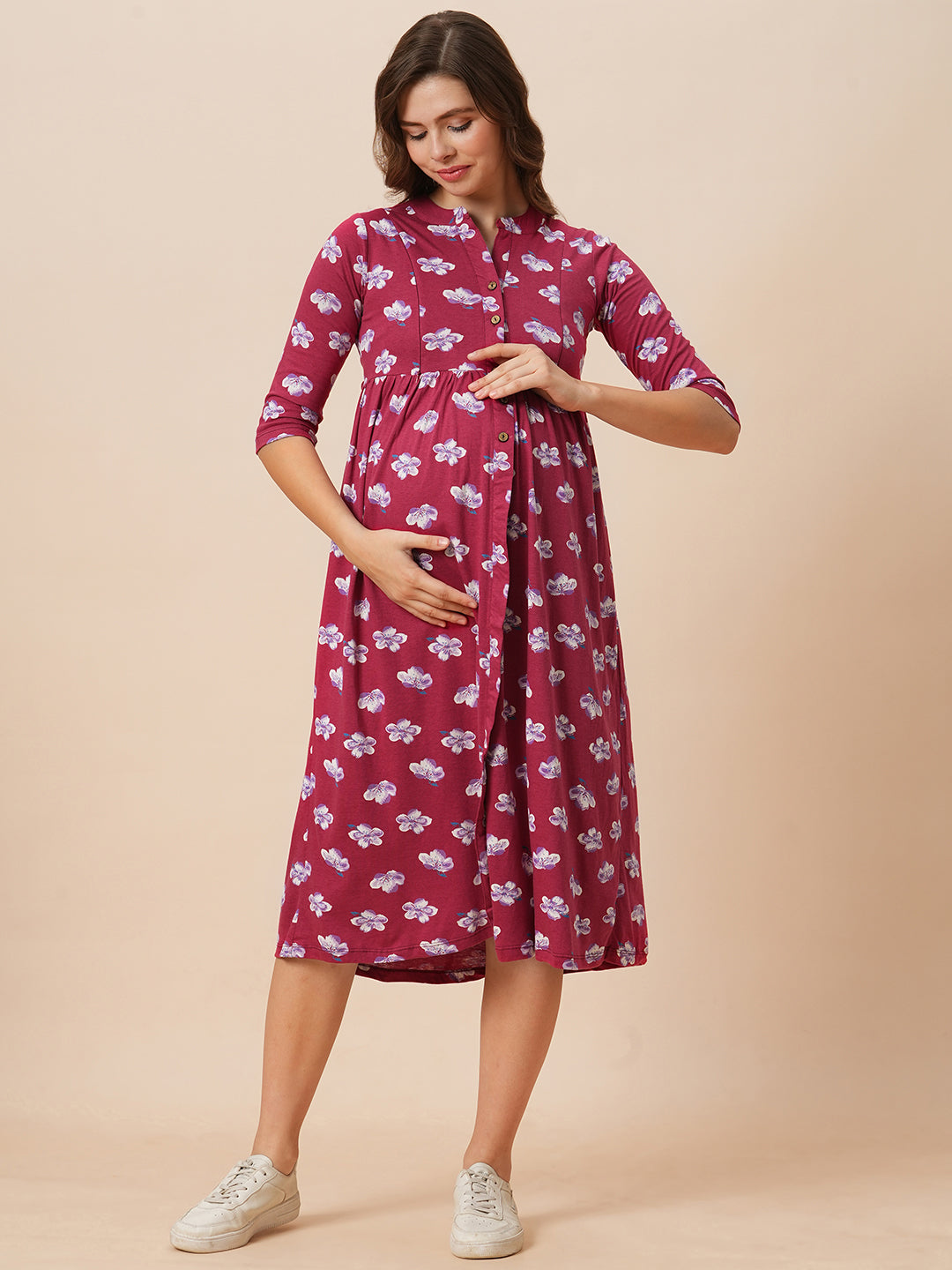 Organic Cotton Full Length Maternity Dress with 3/4th sleeves ISML022-Wine Sakura