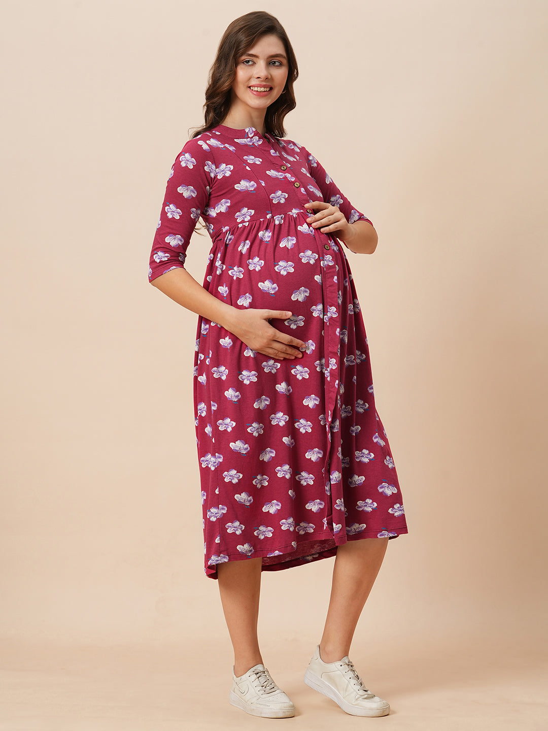 Organic Cotton Full Length Maternity Dress with 3/4th sleeves ISML022-Wine Sakura