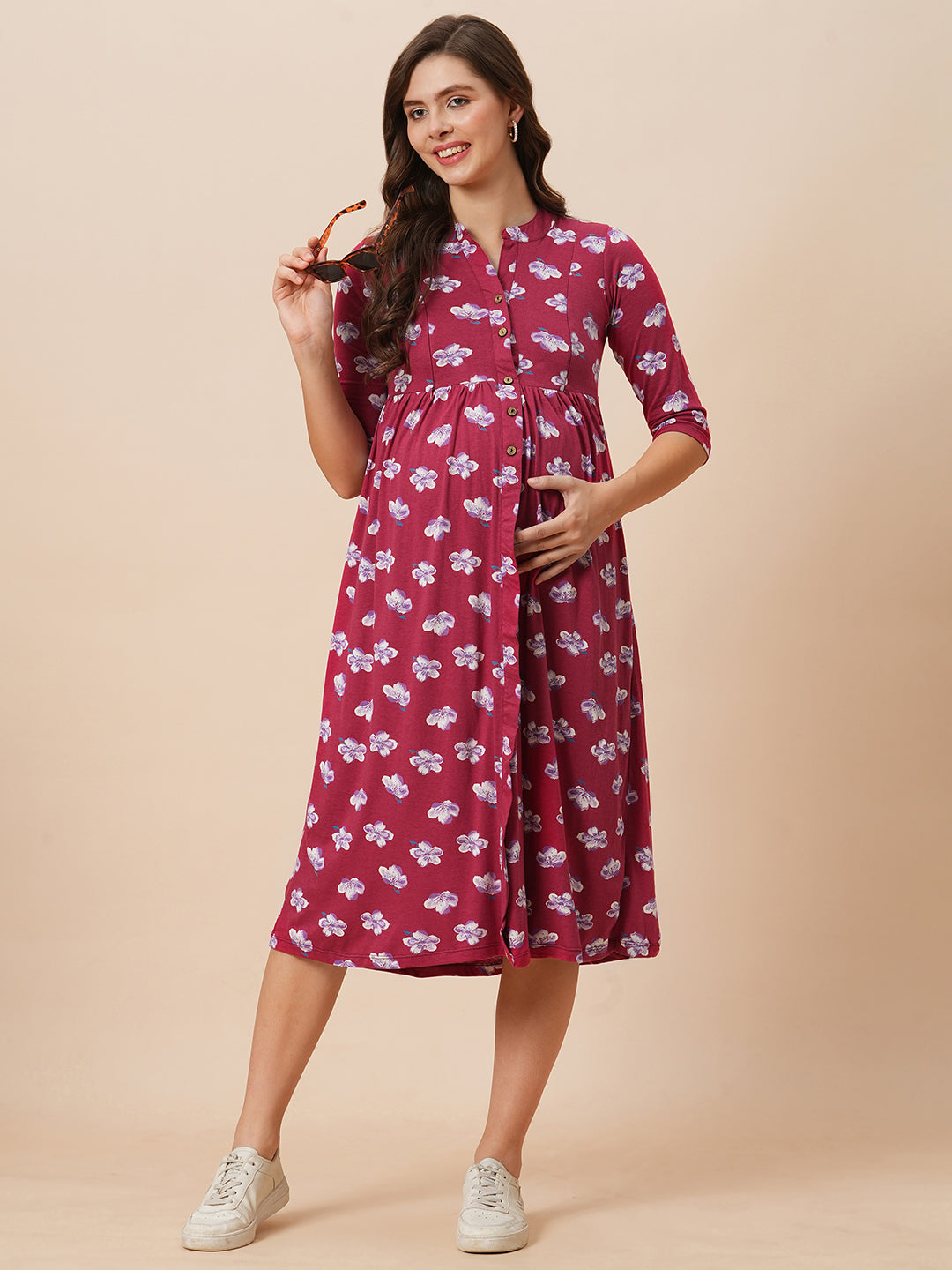 Organic Cotton Full Length Maternity Dress with 3/4th sleeves ISML022-Wine Sakura