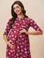 Organic Cotton Full Length Maternity Dress with 3/4th sleeves ISML022-Wine Sakura