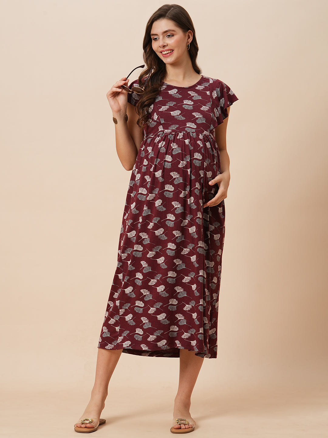 Organic Cotton Long Length Maternity Dress with Flutter sleeves ISML025-Brown Petals-