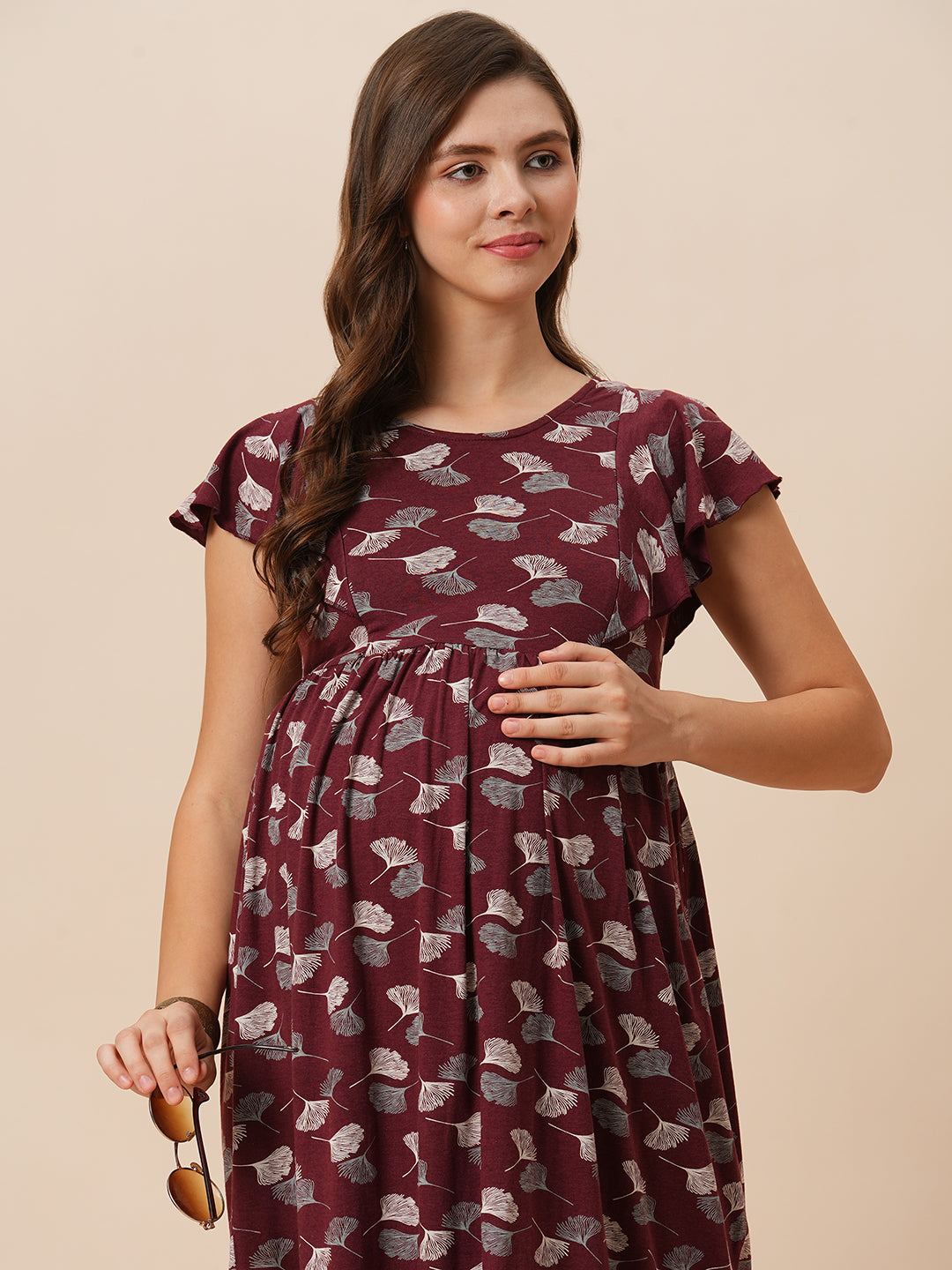 Organic Cotton Long Length Maternity Dress with Flutter sleeves ISML025-Brown Petals-