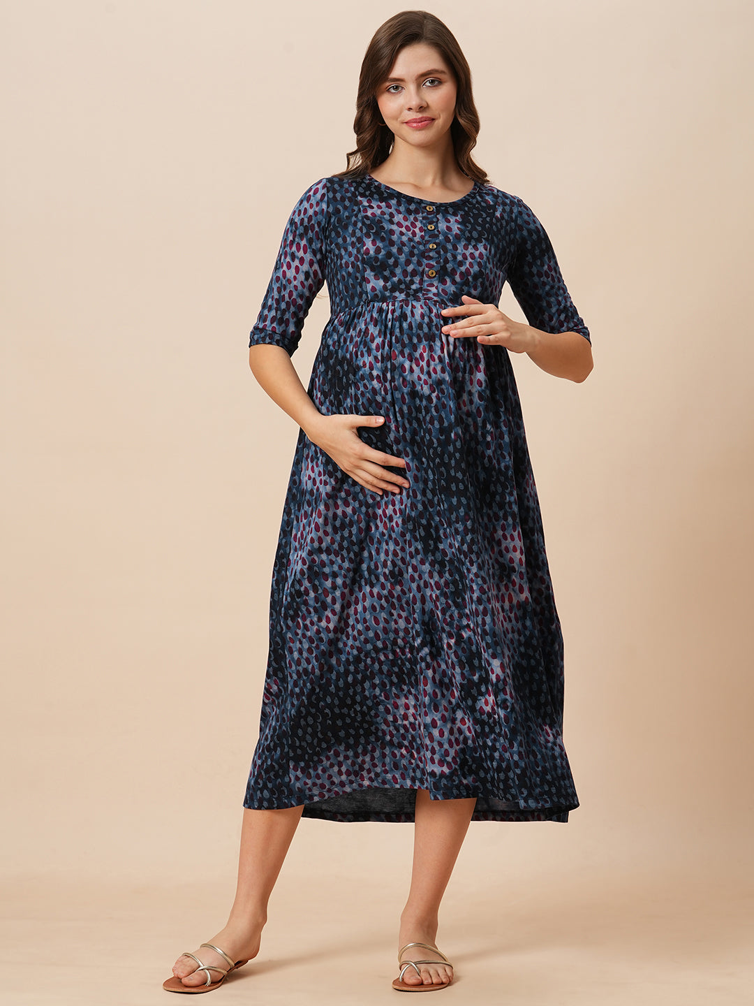 Organic Cotton Long Length Maternity Dress with 3/4th sleeves ISML023-Grunge Flowerburst-