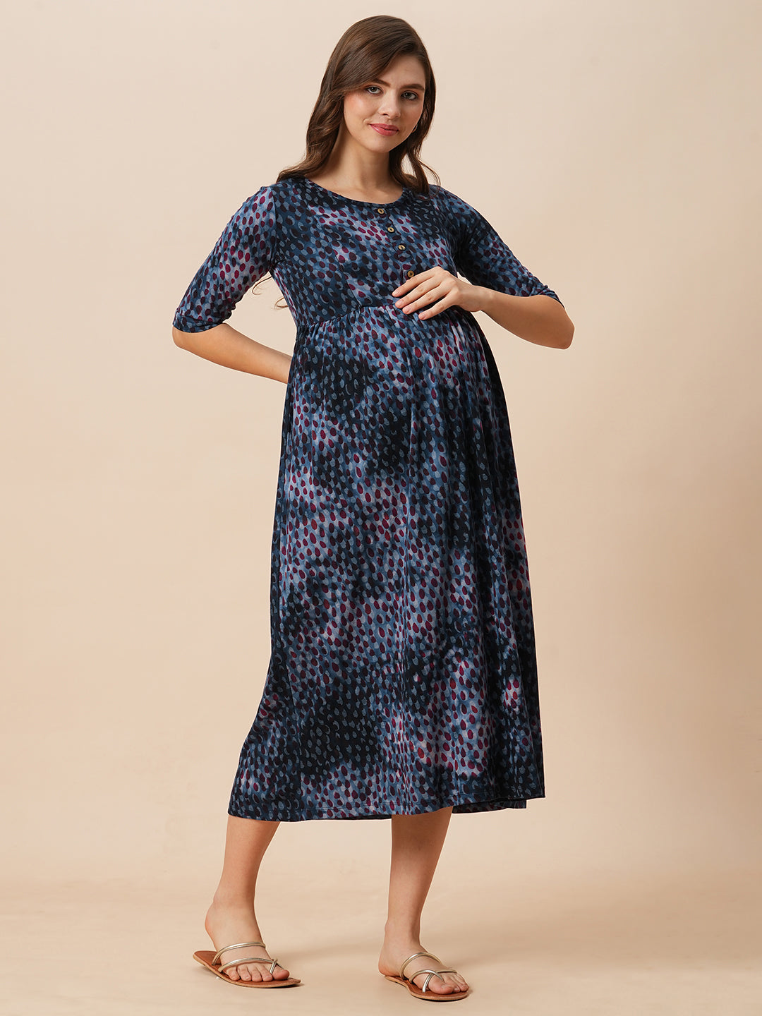 Organic Cotton Long Length Maternity Dress with 3/4th sleeves ISML023-Grunge Flowerburst-