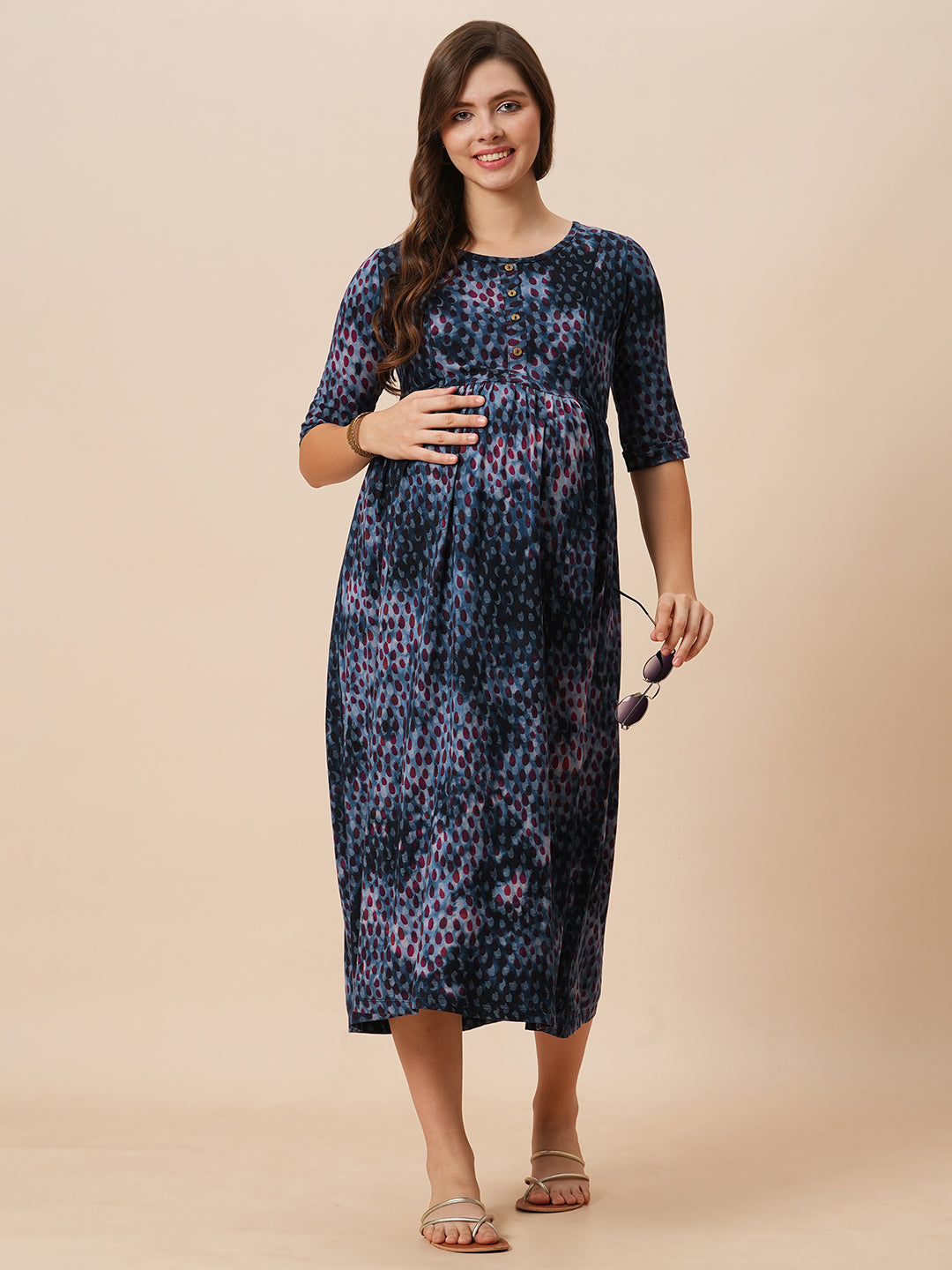 Organic Cotton Long Length Maternity Dress with 3/4th sleeves ISML023-Grunge Flowerburst-